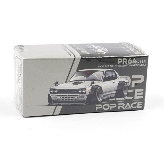 POP RACE 1:64 Nissan Skyline GT-R Hakosuka V8 Drift PR64-113 Widebody Silver Diecast Model Car