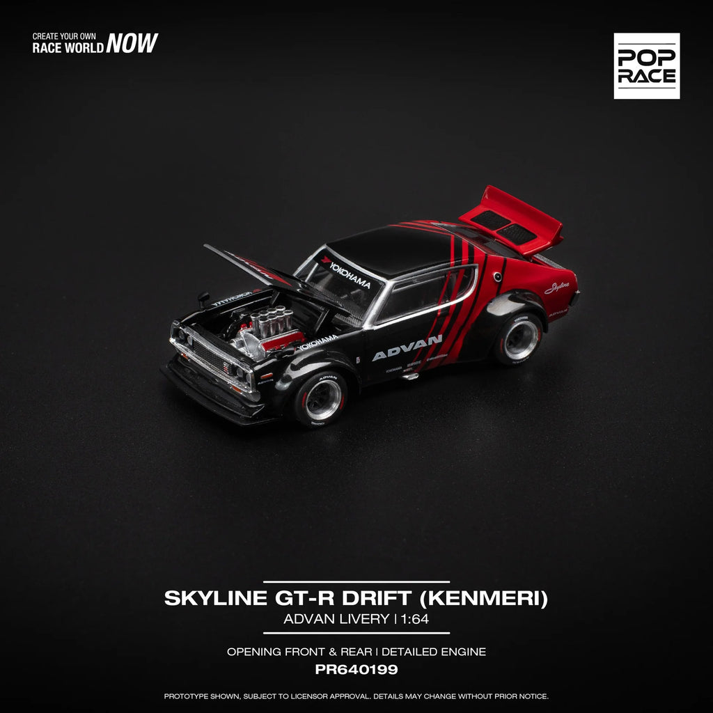 POP RACE 1:64 Nissan Skyline KPGC110 Kenmeri PR64-199 Advan Livery Diecast Model – Widebody JDM Collector