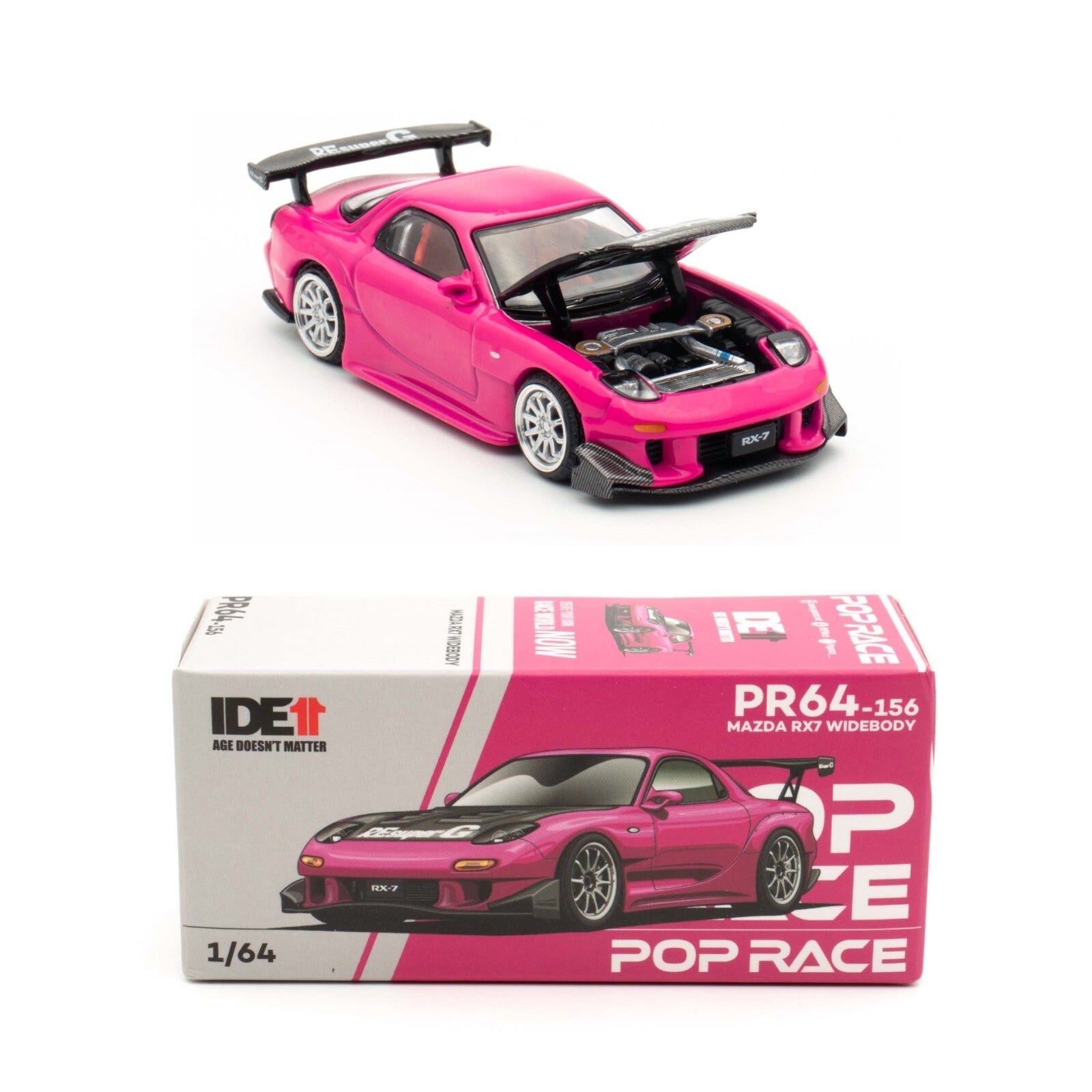 POP RACE 1:64 Mazda RX-7 FD Widebody PR64-156 Pink w/ Opening Hood Diecast Model – IDE Edition Collector Car