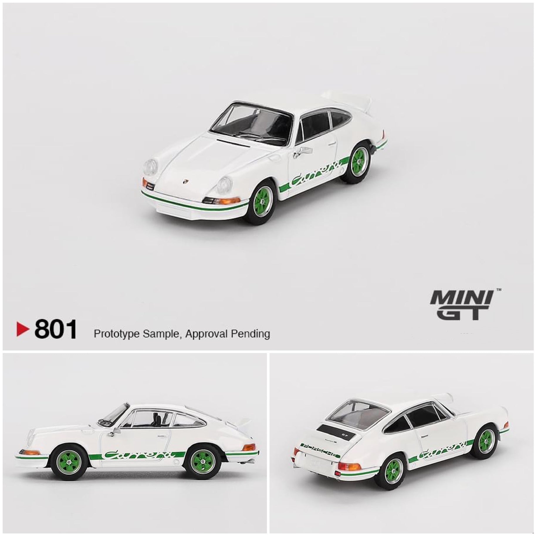 MINI GT 1:64 Porsche 911 Carrera RS 2.7 – Grand Prix White with Green Livery
