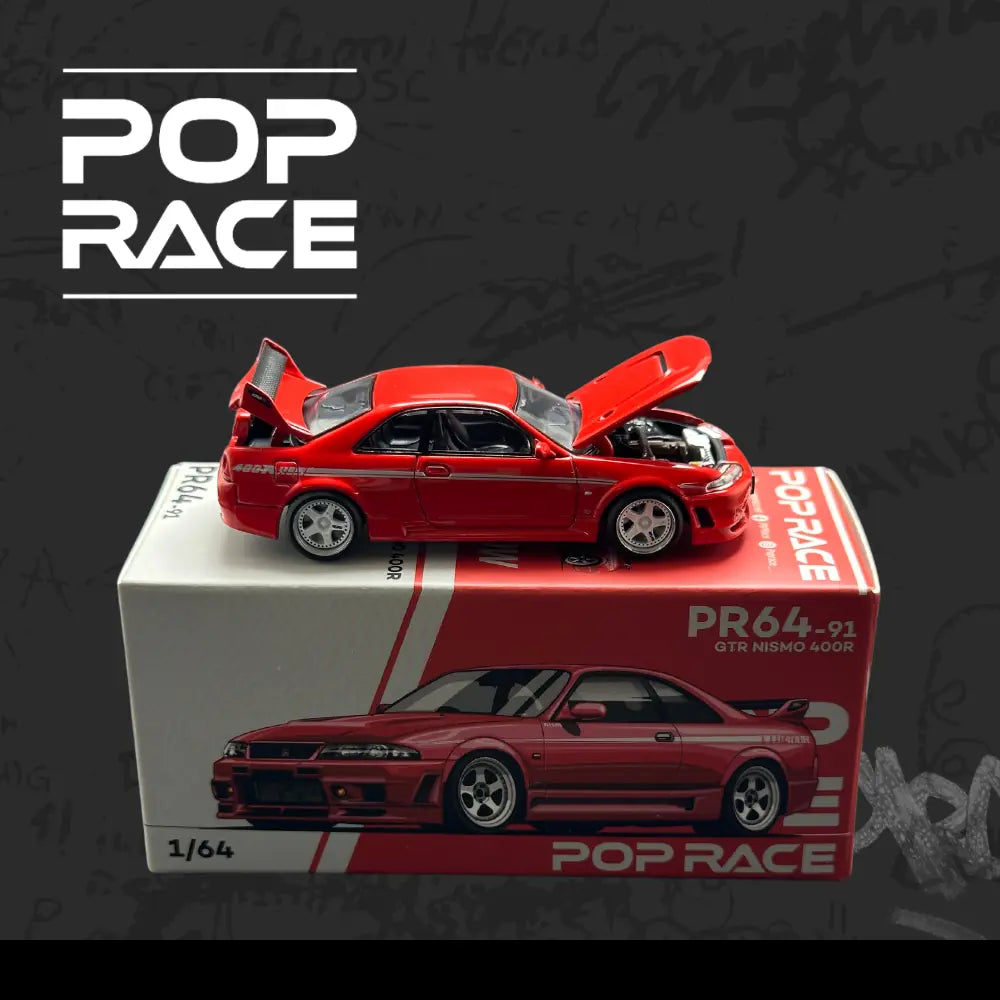 POP RACE 1:64 Nissan Skyline GT-R R33 NISMO 400R PR64-91 Red w/ Opening Hood & Trunk Diecast Model