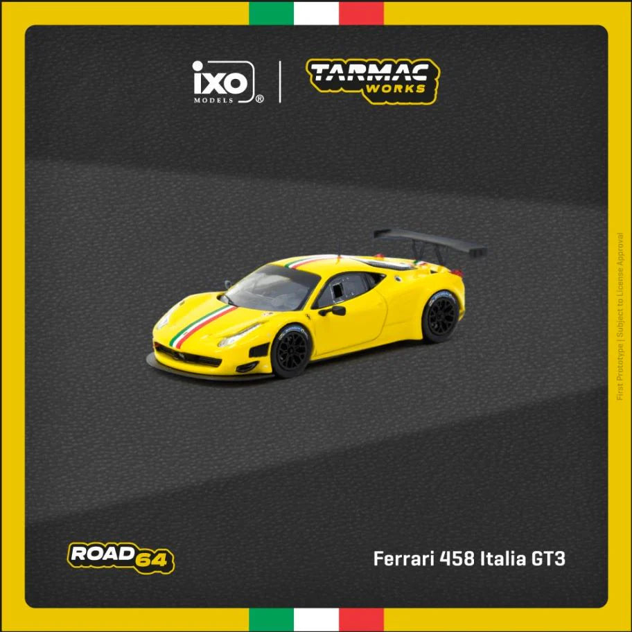 Tarmac Works × IXO Ferrari 458 Italia GT3 Diecast Model – Yellow Italian Tricolour