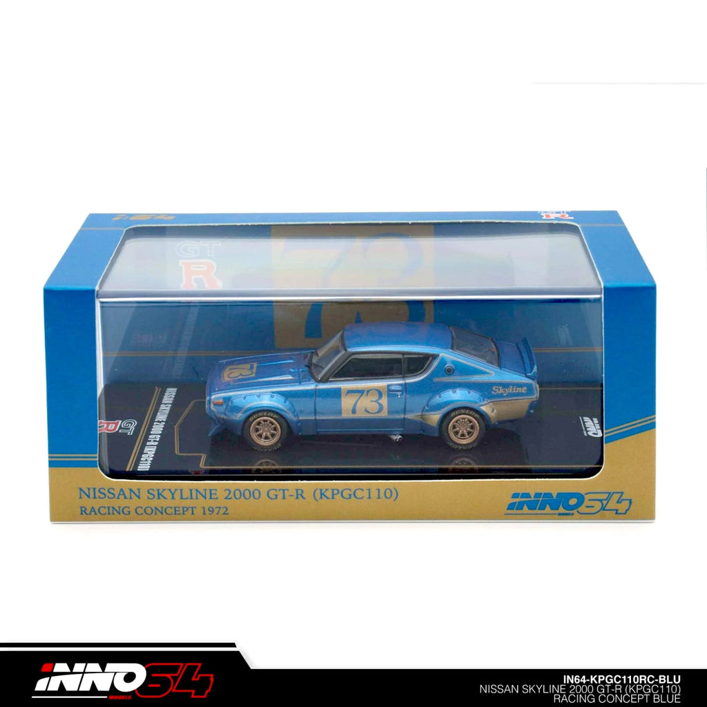 INNO64 Nissan Skyline 2000 GT-R KPGC110 Kenmeri #73 Racing Concept 1972 Blue