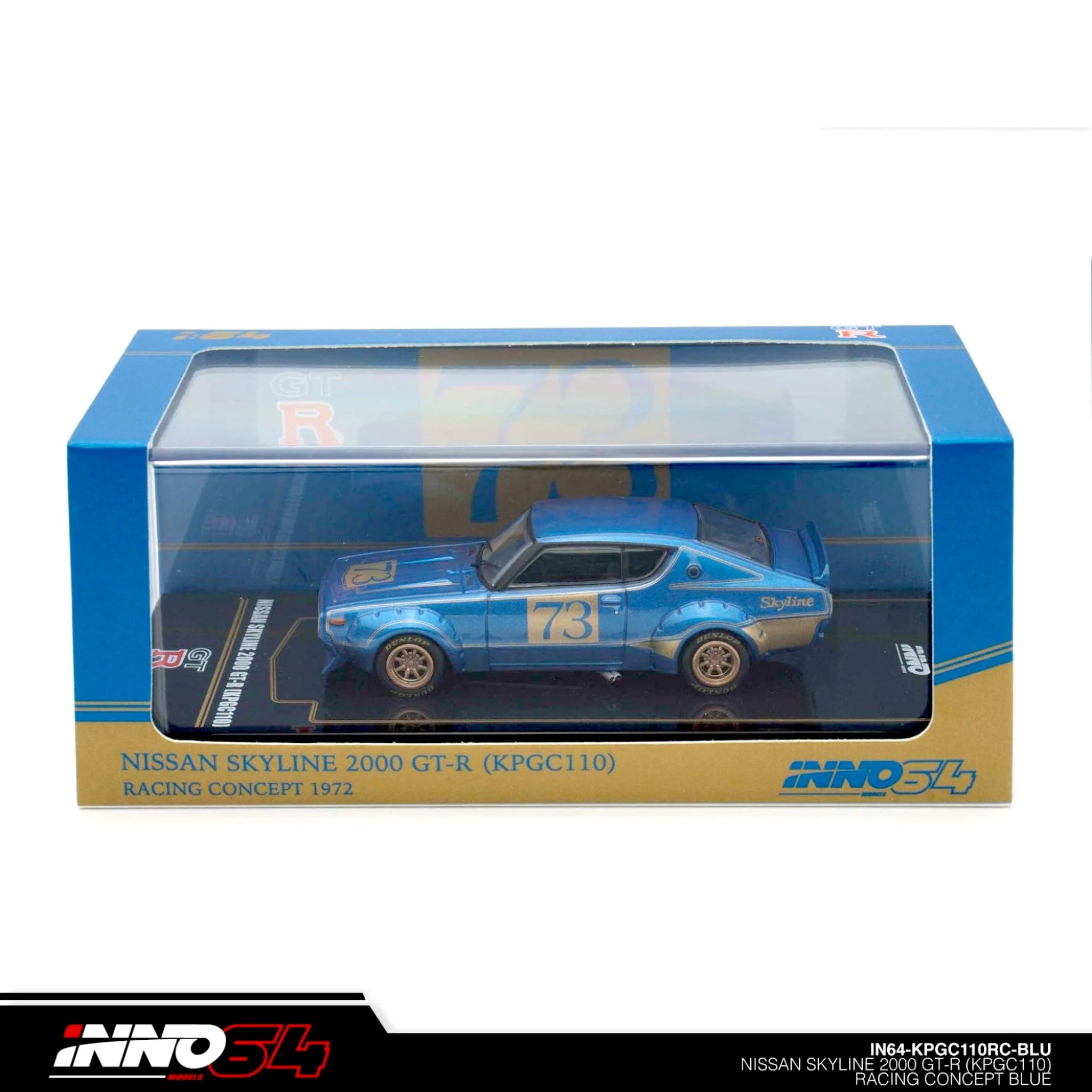 INNO64 Nissan Skyline 2000 GT-R KPGC110 Kenmeri #73 Racing Concept 1972 Blue