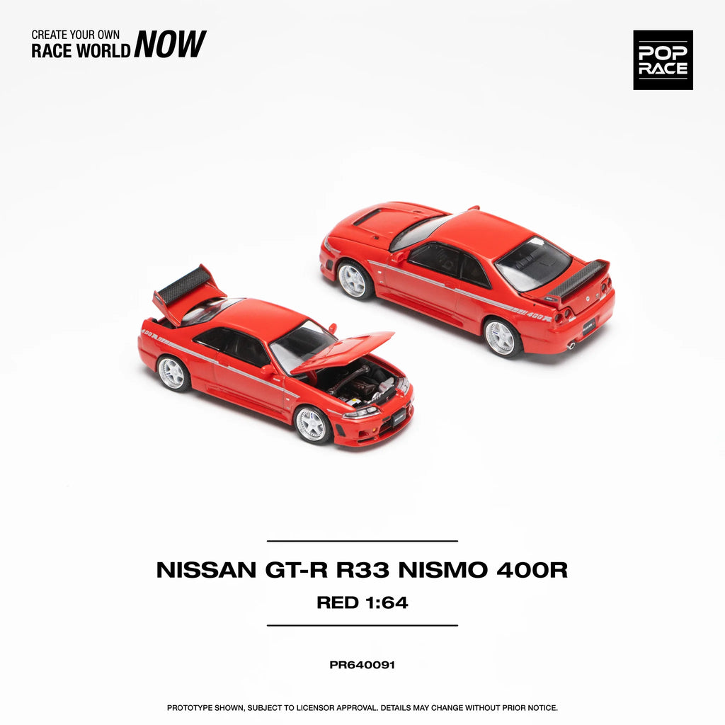 POP RACE 1:64 Nissan Skyline GT-R R33 NISMO 400R PR64-91 Red w/ Opening Hood & Trunk Diecast Model