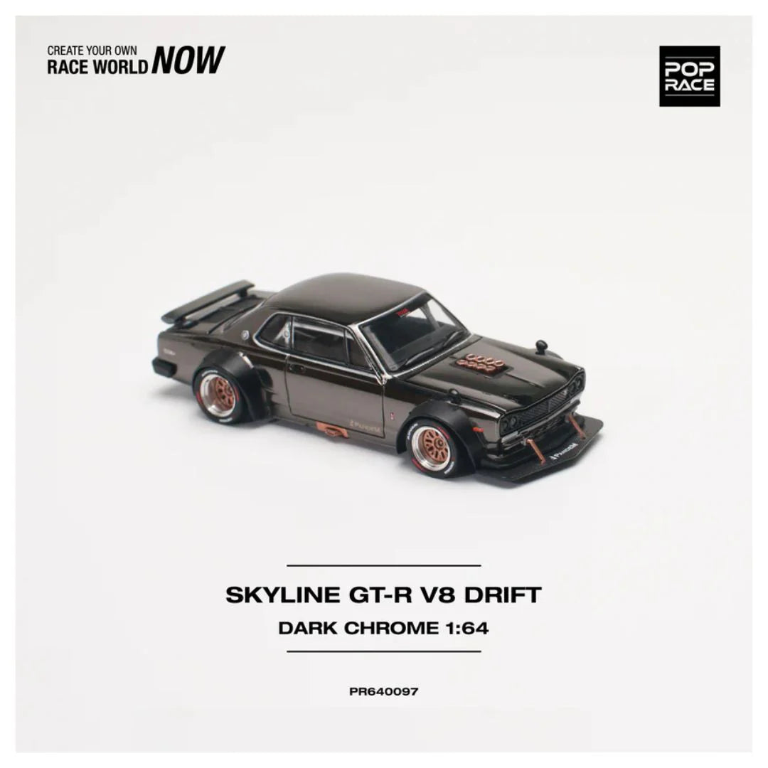 POP RACE 1:64 Nissan Skyline GT-R V8 Drift Dark Chrome PR640097 Widebody Diecast Model – Limited Edition