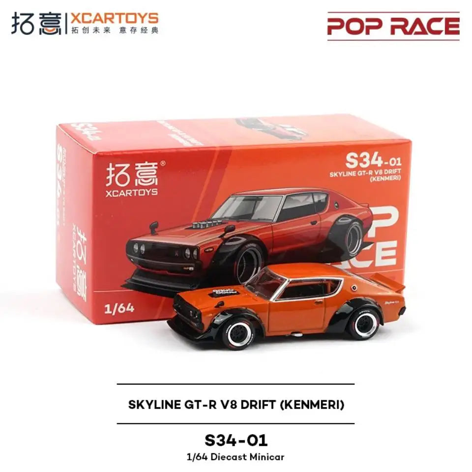 POP RACE x XCARTOYS 1:64 Nissan Skyline GT-R V8 Drift “Kenmeri” Orange S34-01