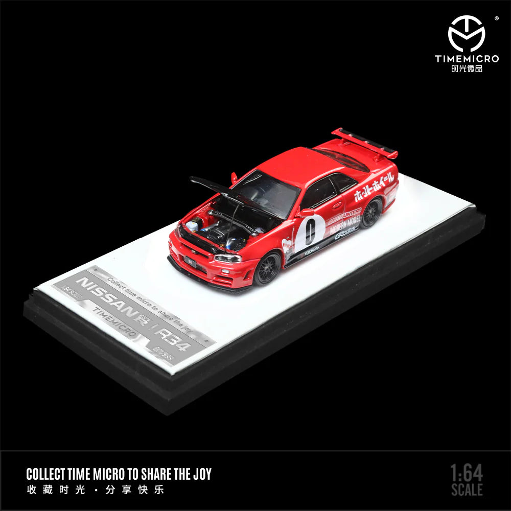 Time Micro 1:64 Nissan Skyline GT-R R34 Red Racing Livery – Opening Hood Engine Limited 999