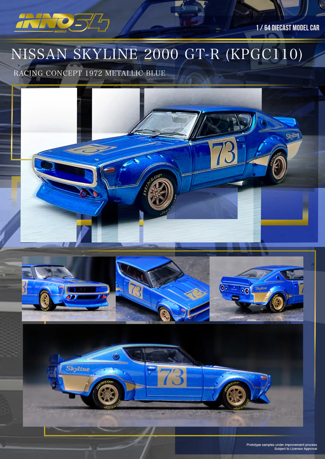 INNO64 Nissan Skyline 2000 GT-R KPGC110 Kenmeri #73 Racing Concept 1972 Blue