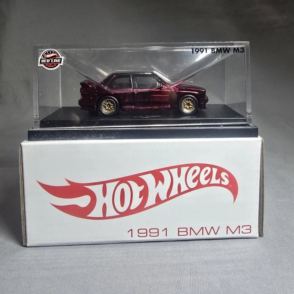 Hot Wheels RLC 1991 BMW M3 Spectraflame Red HNL25 in acrylic display case with original outer box