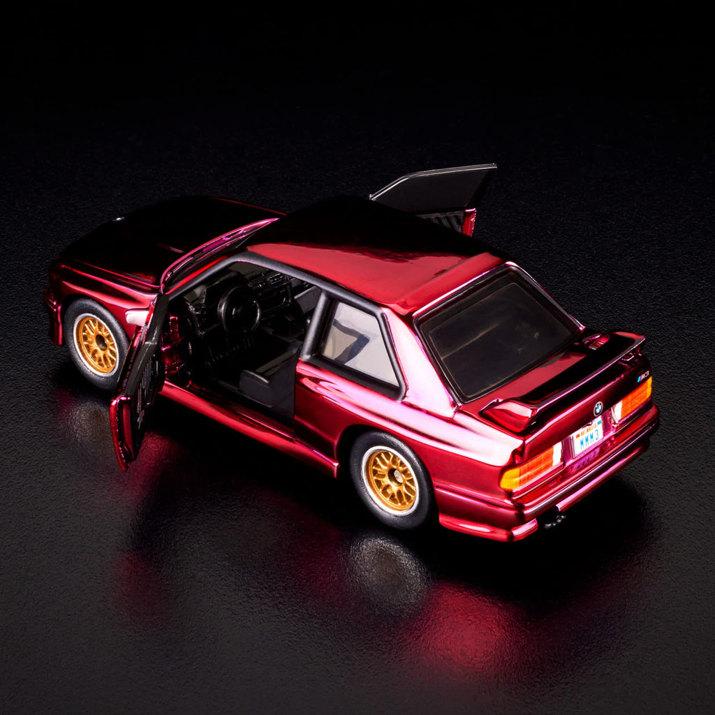 Hot Wheels RLC BMW M3 HNL25 rear three-quarter view with doors open