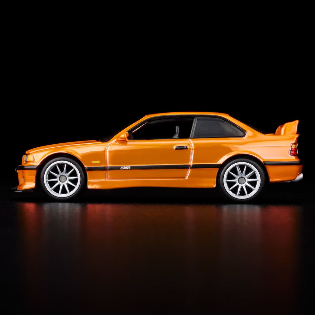 Hot Wheels RLC BMW M3 LTW JCP08 side profile with silver ten-spoke wheels