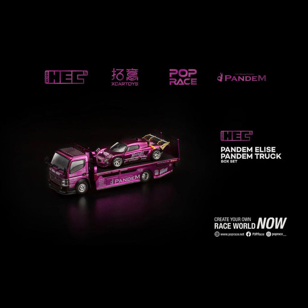 Pink chrome Elise on Rocket Bunny Racing transporter