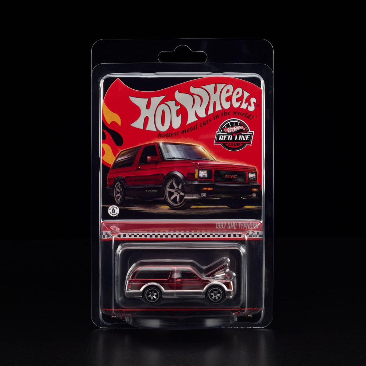 Hot Wheels RLC 1992 GMC Typhoon Spectraflame red JCP13 — Blister card inside protective clamshell