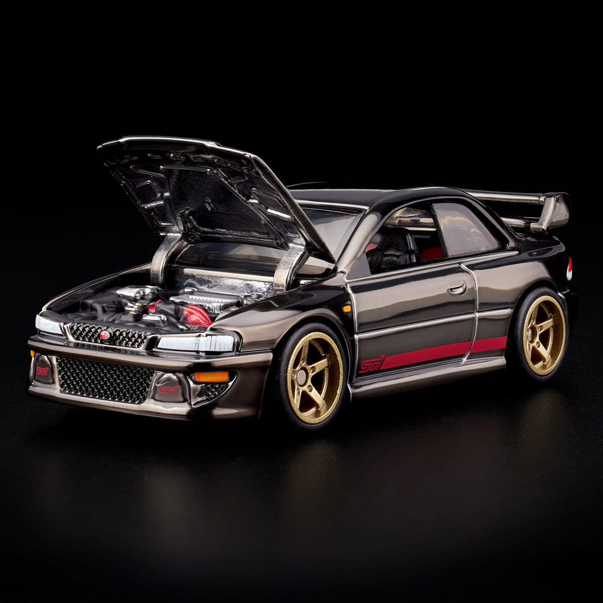 Hot Wheels RLC 1998 Subaru Impreza WRX STi Spectraflame slate JJY62 — Opening hood and engine detail