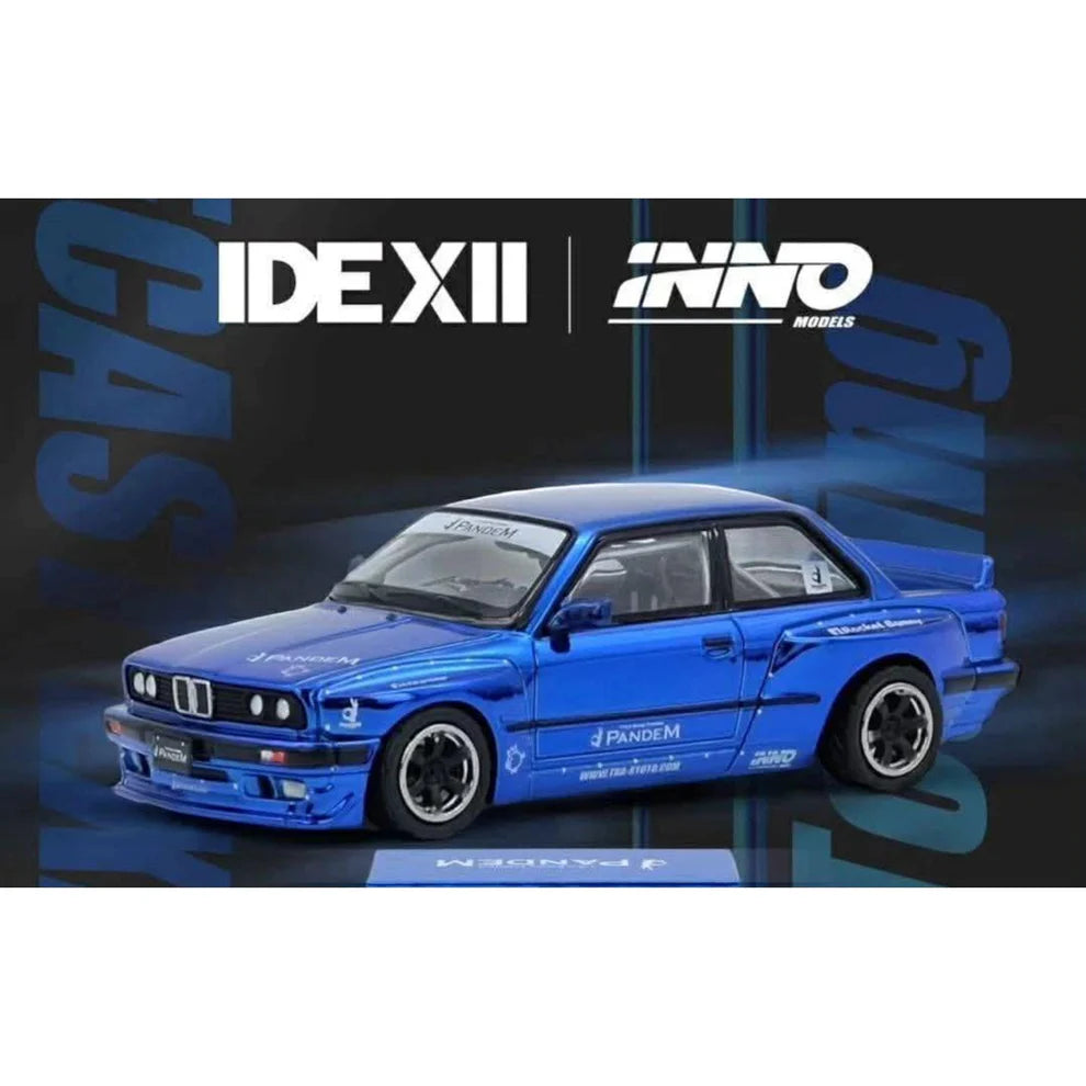 INNO64 BMW E30 Pandem Blue IDE 2025 – Front three-quarter view