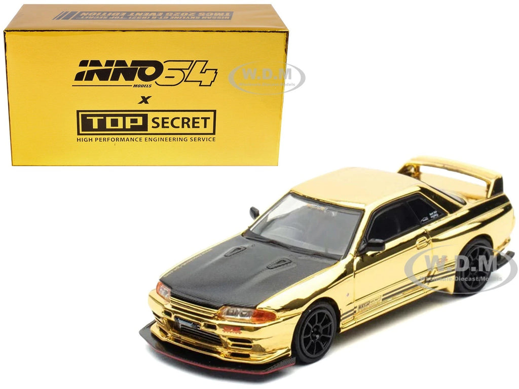 INNO64 Nissan Skyline GT-R R32 Top Secret Gold Chrome TMCS 2025 — Model and Top Secret event packaging