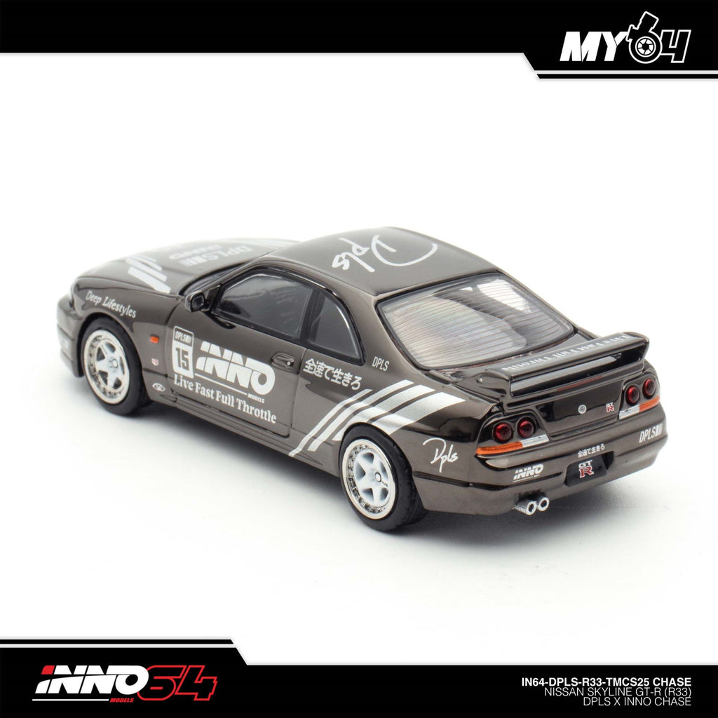 INNO64 Nissan Skyline GT-R R33 DPLS TMCS 2025 Black Chrome Chase — rear left three-quarter