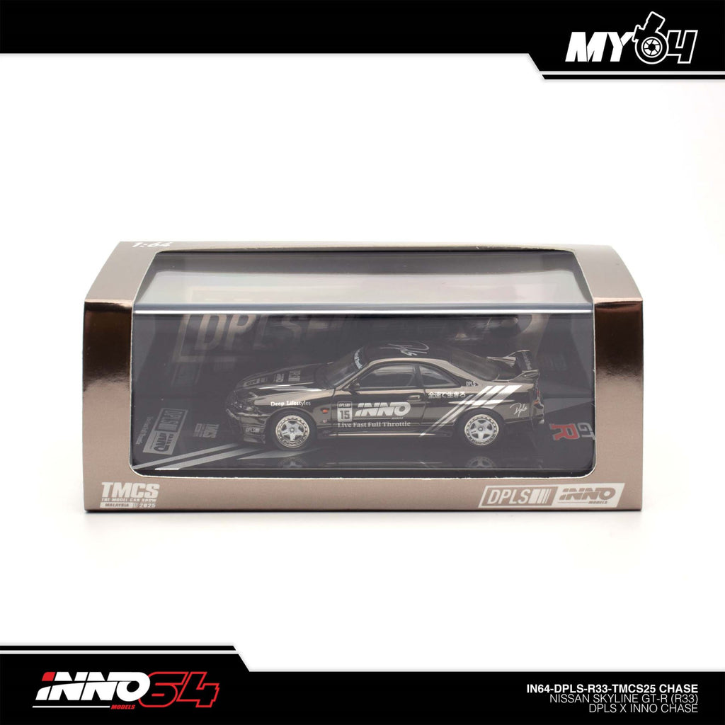 INNO64 Nissan Skyline GT-R R33 DPLS TMCS 2025 Black Chrome Chase — collector packaging