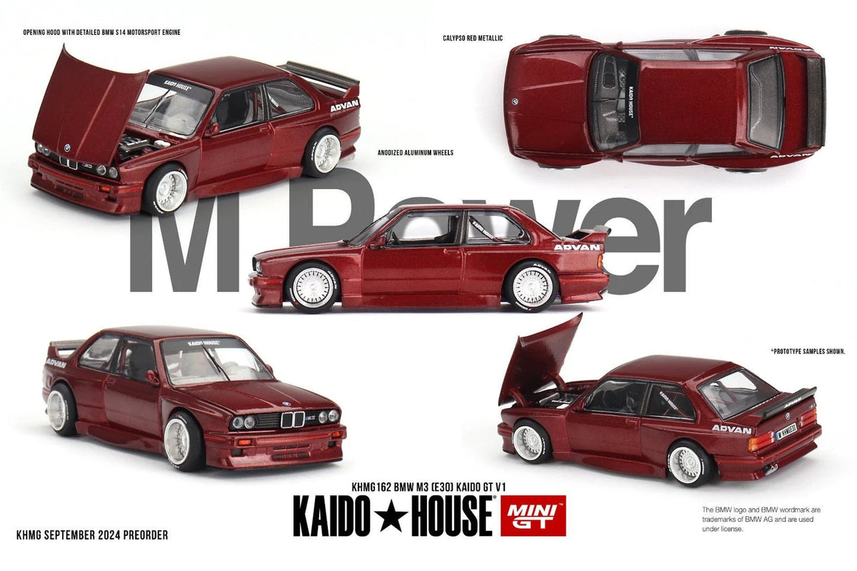 BMW M3 E30 Kaido GT V1 Calypso Red Metallic KHMG162 — Model details and side profile