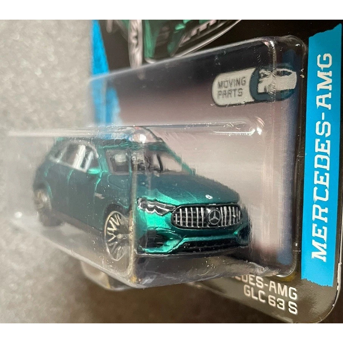 Majorette Mercedes-AMG GLC 63 S green, front three-quarter view in original blister
