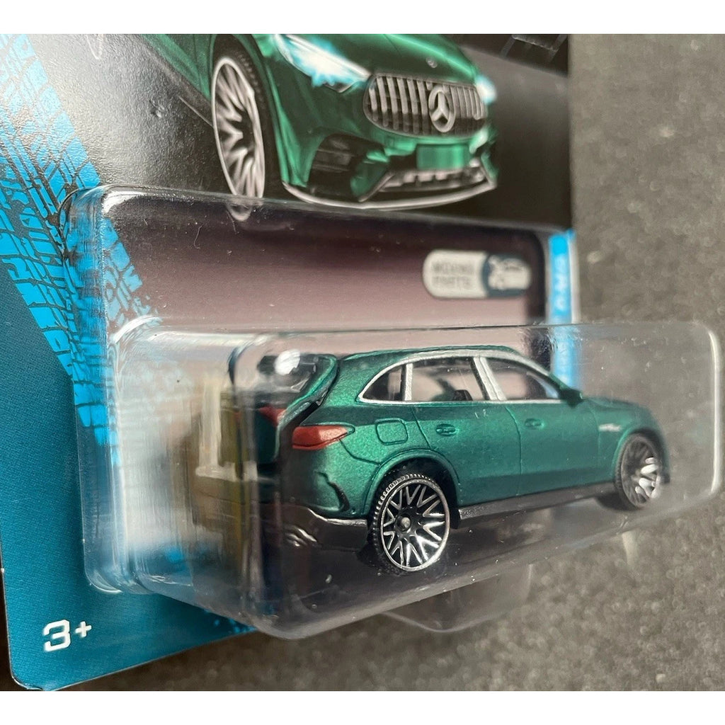 Majorette Mercedes-AMG GLC 63 S green, rear three-quarter view in original blister