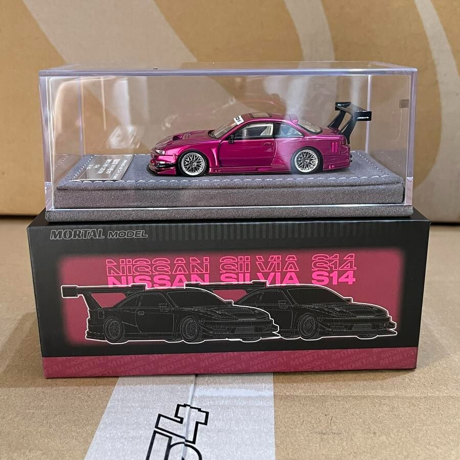 Mortal Model Silvia S14 pink TMCS Malaysia 2025 — side view in display case