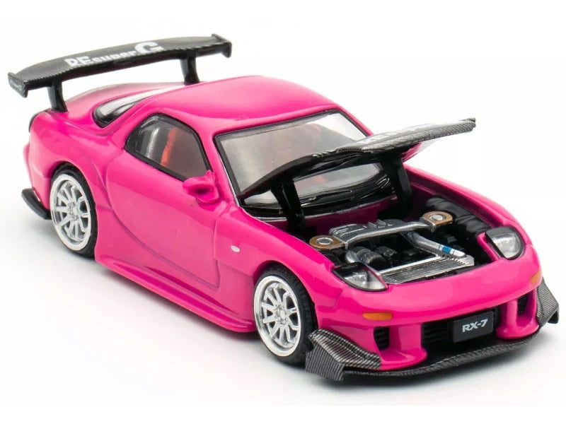 POP RACE PR64-156 Mazda RX-7 Pink IDE 2024 — Opening hood and engine detail