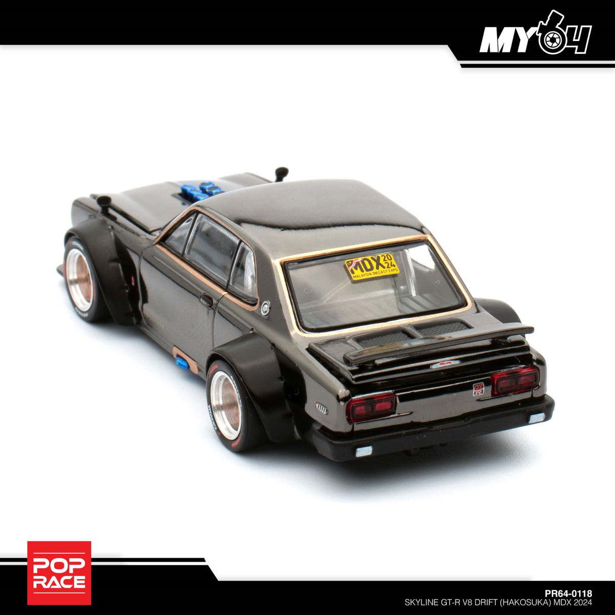 POP RACE Hakosuka V8 Drift Dark Chrome PR64-118 — Rear three-quarter view