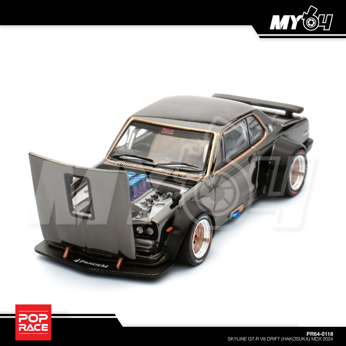 POP RACE Hakosuka V8 Drift Dark Chrome PR64-118 — Engine detail with bonnet open