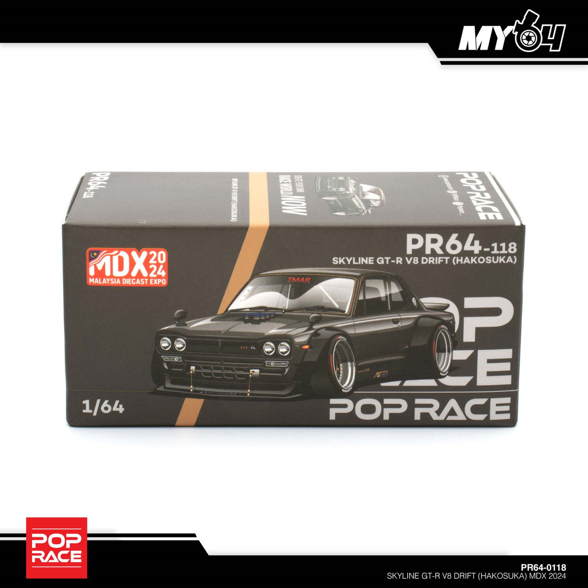 POP RACE Hakosuka V8 Drift Dark Chrome PR64-118 — MDX 2024 packaging