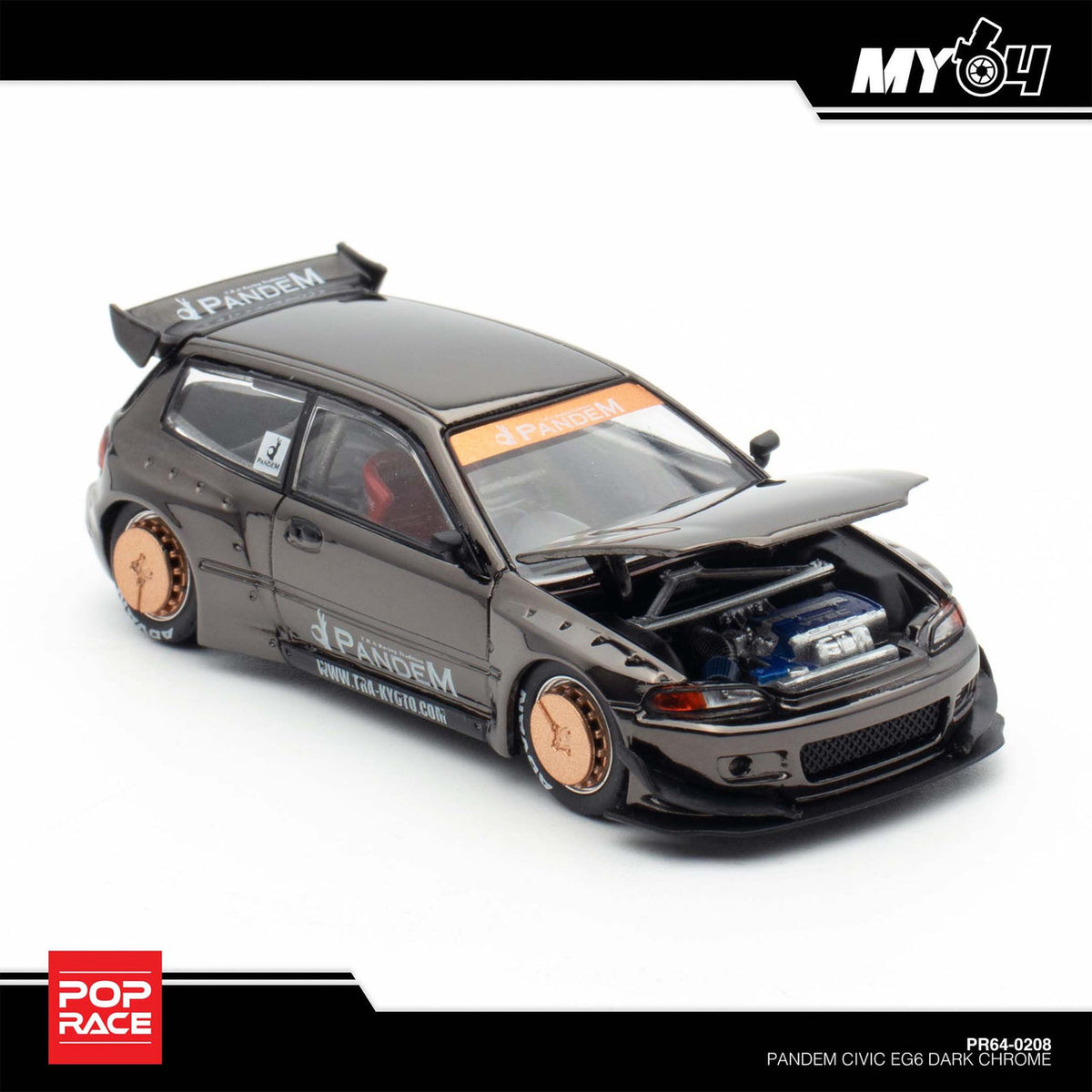 POP RACE Civic EG6 Dark Chrome PR64-208 — Opening hood and engine detail