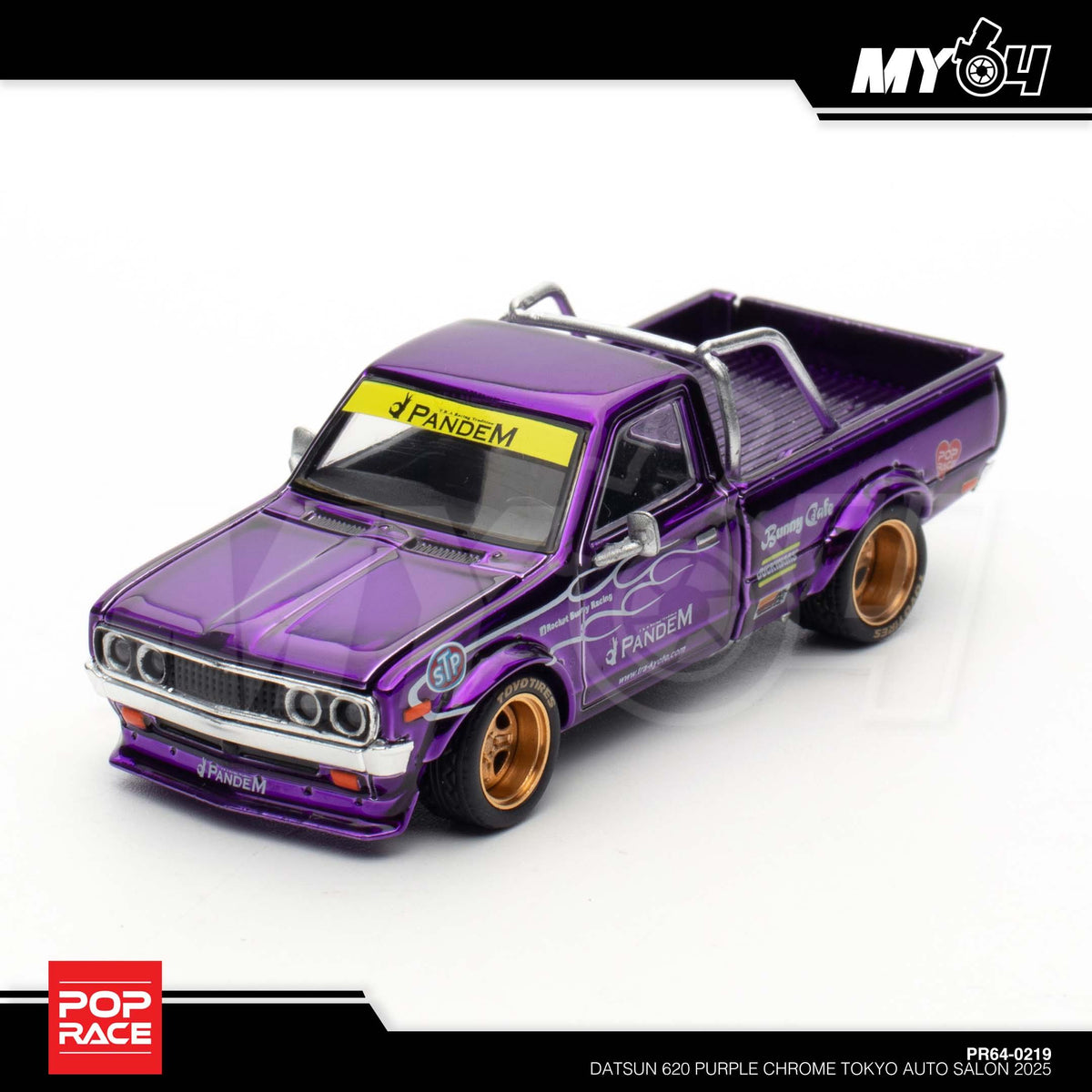POP RACE Datsun 620 Purple Chrome PR64-219 — Front three-quarter view