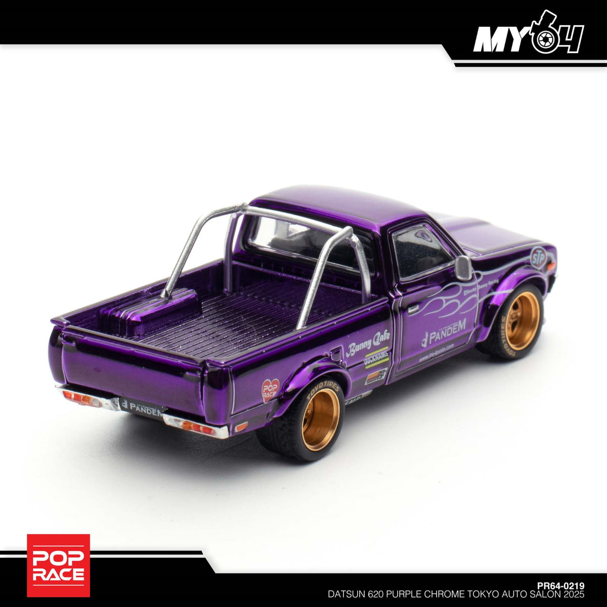 POP RACE Datsun 620 Purple Chrome PR64-219 — Rear three-quarter view