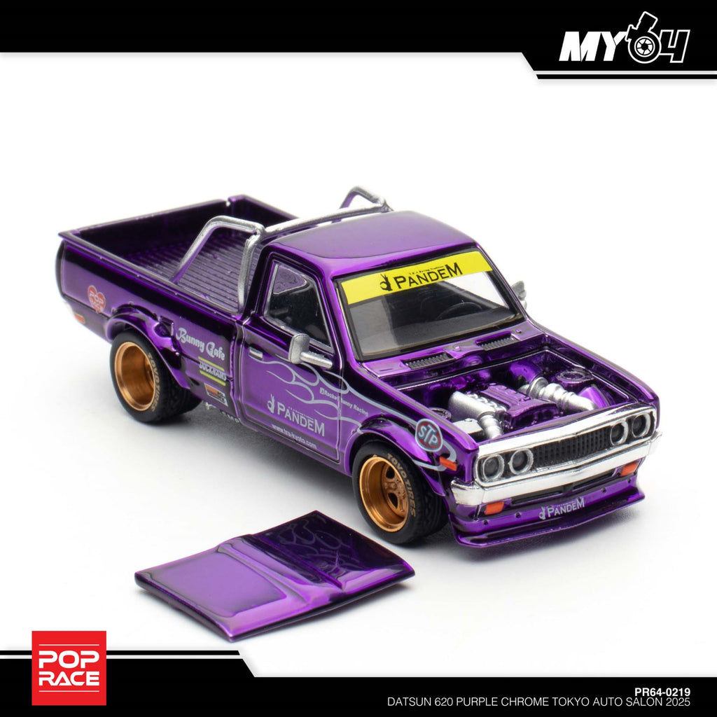 POP RACE Datsun 620 Purple Chrome PR64-219 — Removable hood and engine detail