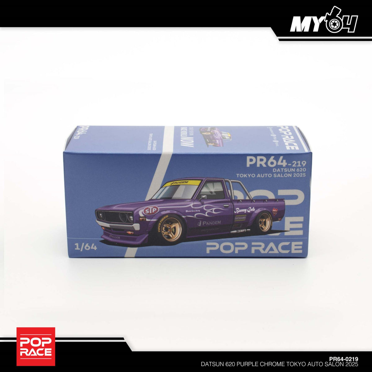 POP RACE Datsun 620 Purple Chrome PR64-219 — Tokyo Auto Salon 2025 packaging
