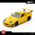 POP RACE Mazda RX-7 FC3S RE-Amemiya Yellow PR64-286 — Front three-quarter view