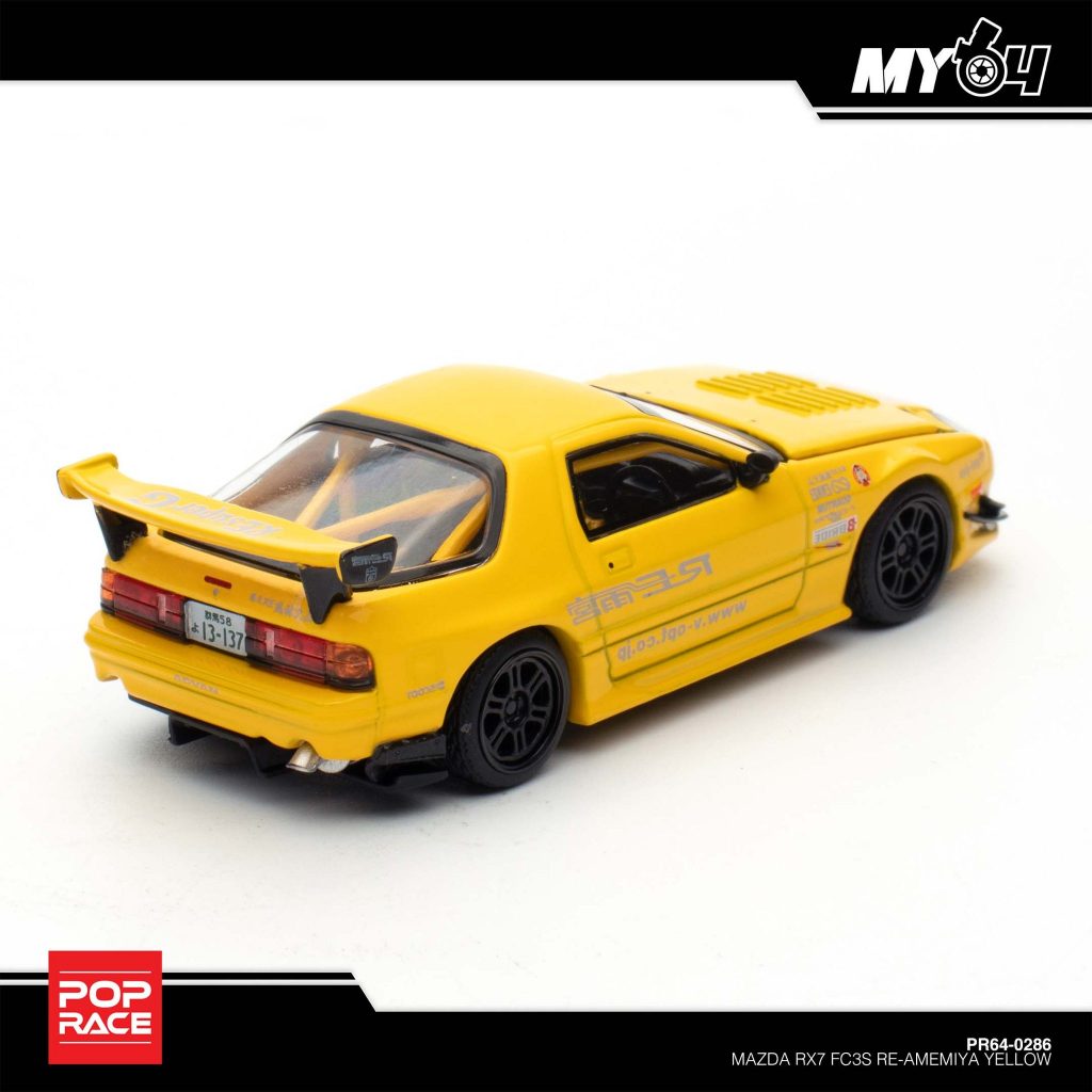 POP RACE Mazda RX-7 FC3S RE-Amemiya Yellow PR64-286 — Rear three-quarter view