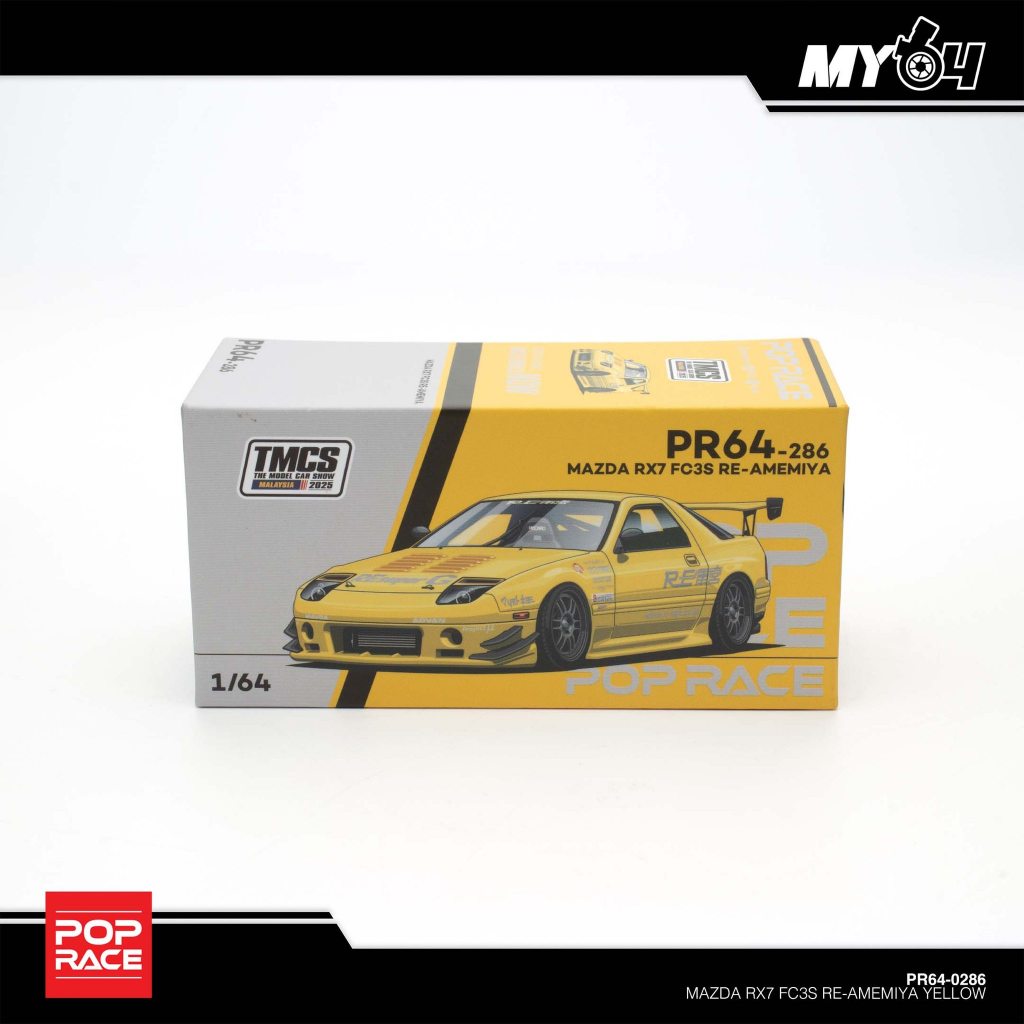 POP RACE Mazda RX-7 FC3S RE-Amemiya Yellow PR64-286 — TMCS Malaysia 2025 packaging