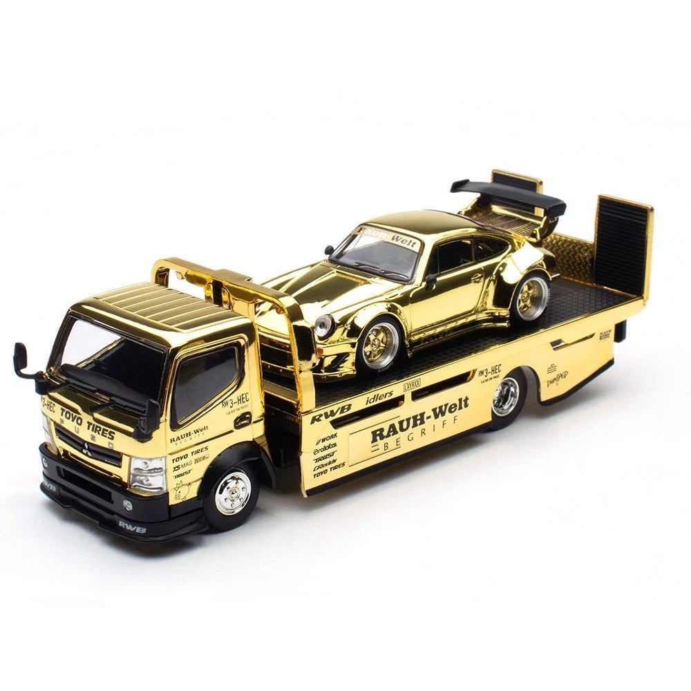 Gold chrome RWB 930 on FUSO transporter – front three-quarter view