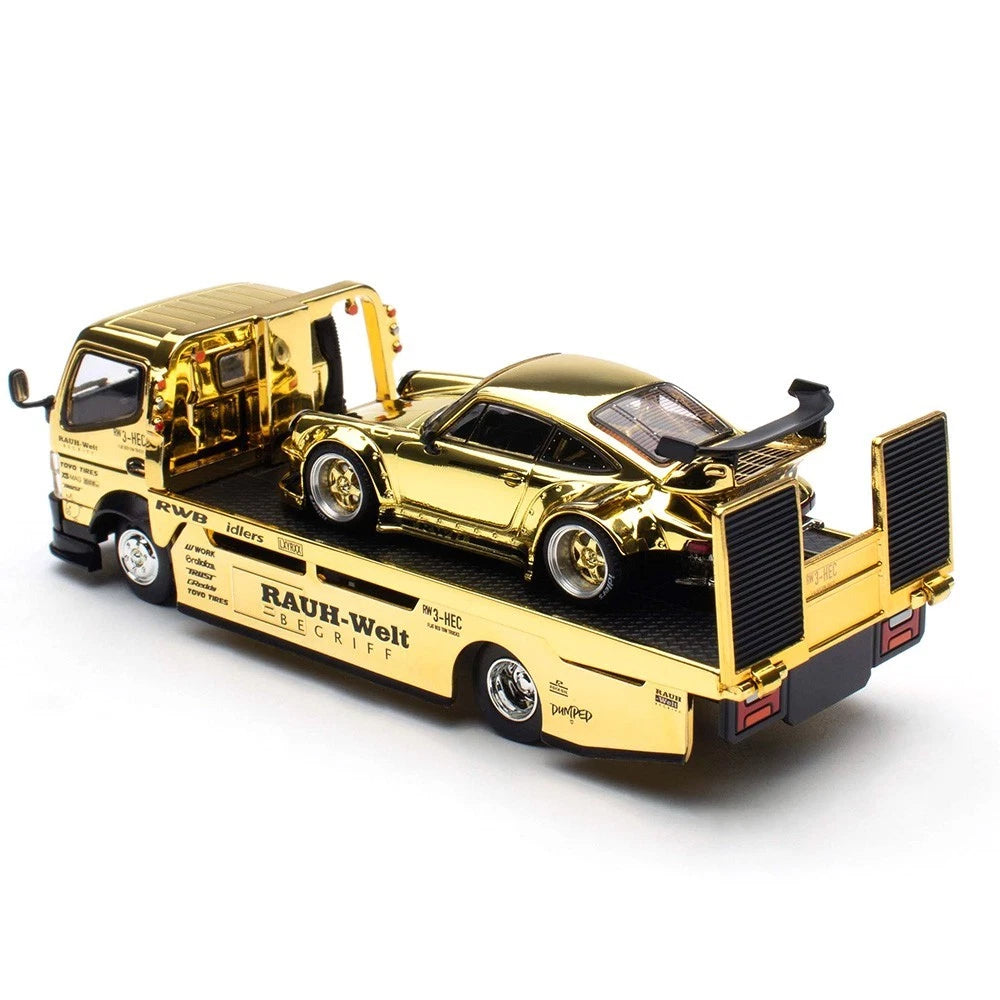 Gold chrome RWB 930 and FUSO truck – rear three-quarter view