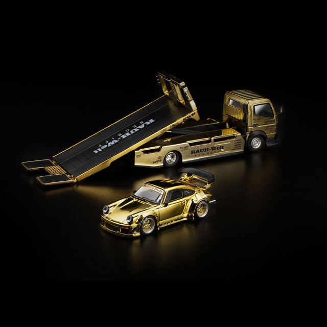 RWB 930 alongside gold FUSO truck with raised flatbed