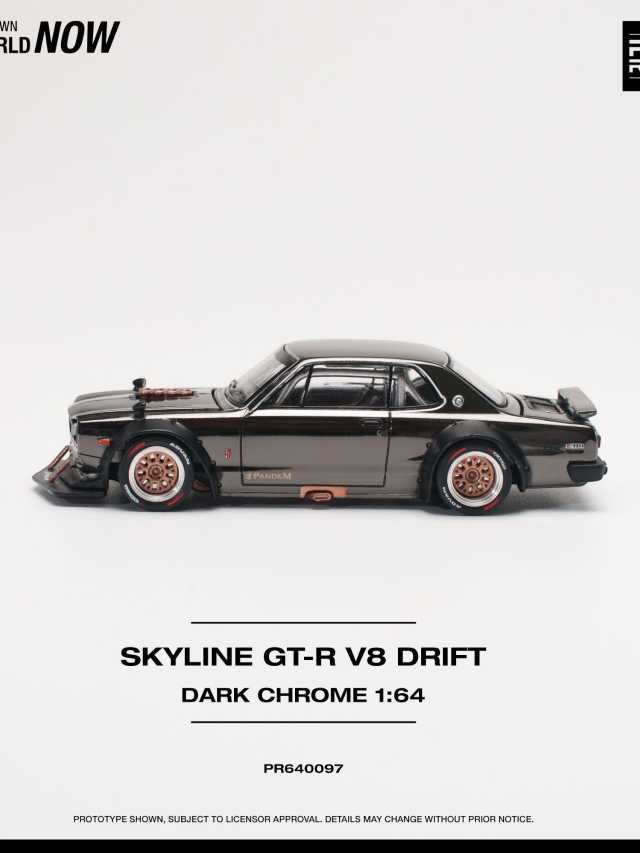 POP RACE 1:64 Nissan Skyline GT-R V8 Drift Dark Chrome PR640097 Widebody Diecast Model – Limited Edition