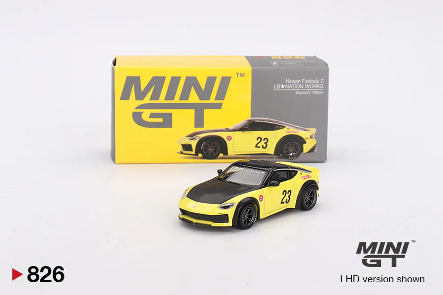 MINI GT 1:64 Nissan Fairlady Z LB★NATION Works Yellow #23 (LHD) – No.826
