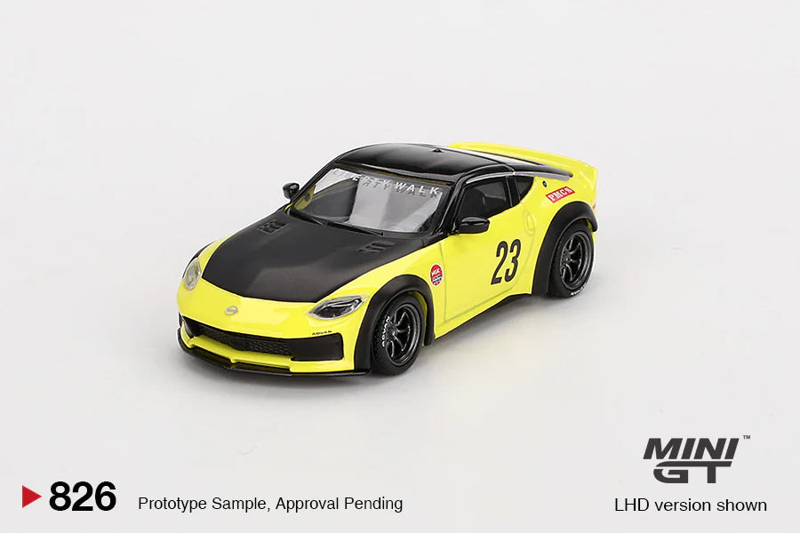 MINI GT 1:64 Nissan Fairlady Z LB★NATION Works Yellow #23 (LHD) – No.826