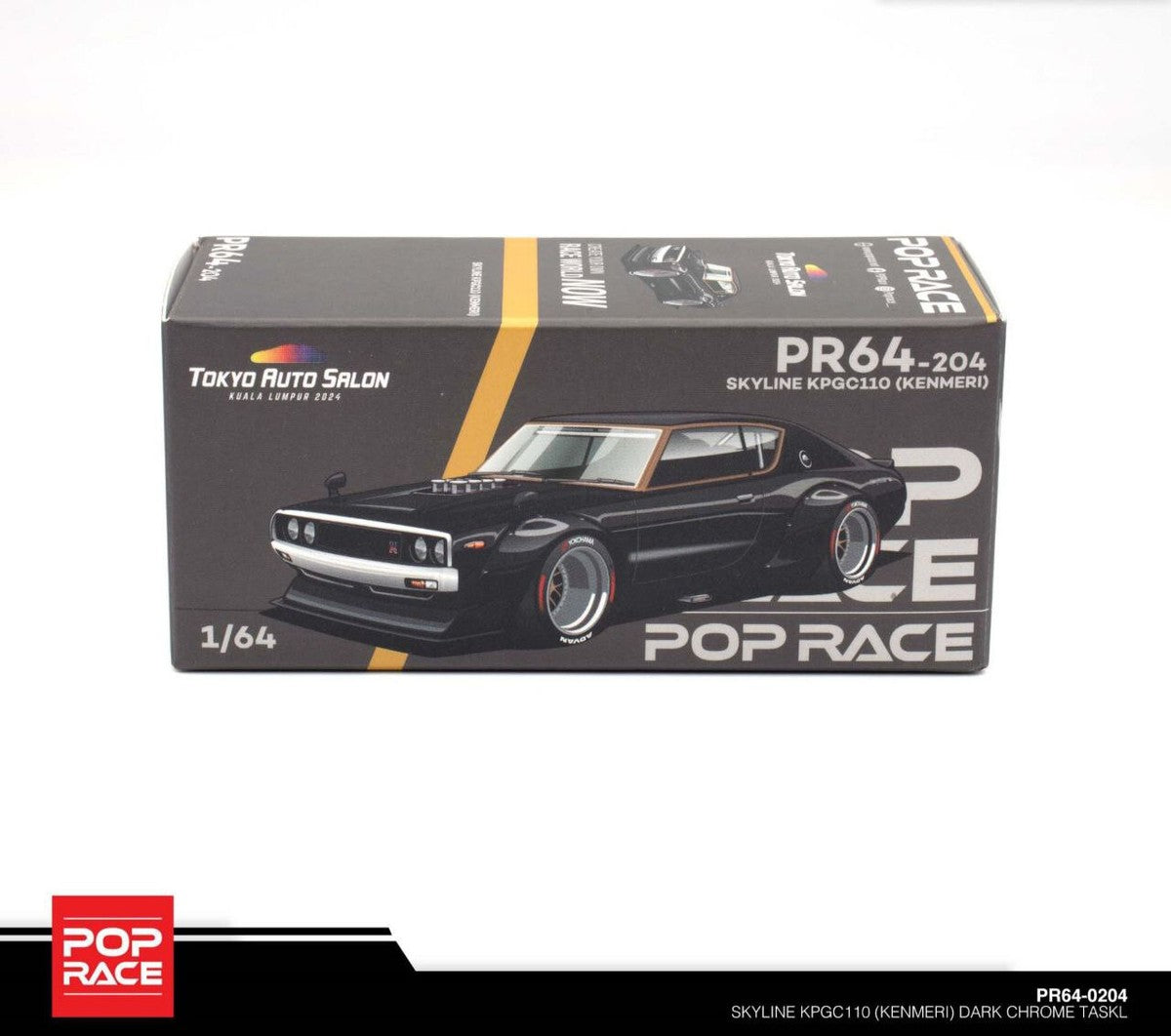 POP RACE 1:64 Nissan Skyline KPGC110 Kenmeri GT-R Dark Chrome PR64-204 Tokyo Auto Salon Edition Diecast Model