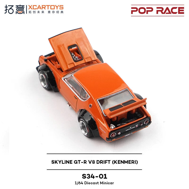 POP RACE x XCARTOYS 1:64 Nissan Skyline GT-R V8 Drift “Kenmeri” Orange S34-01