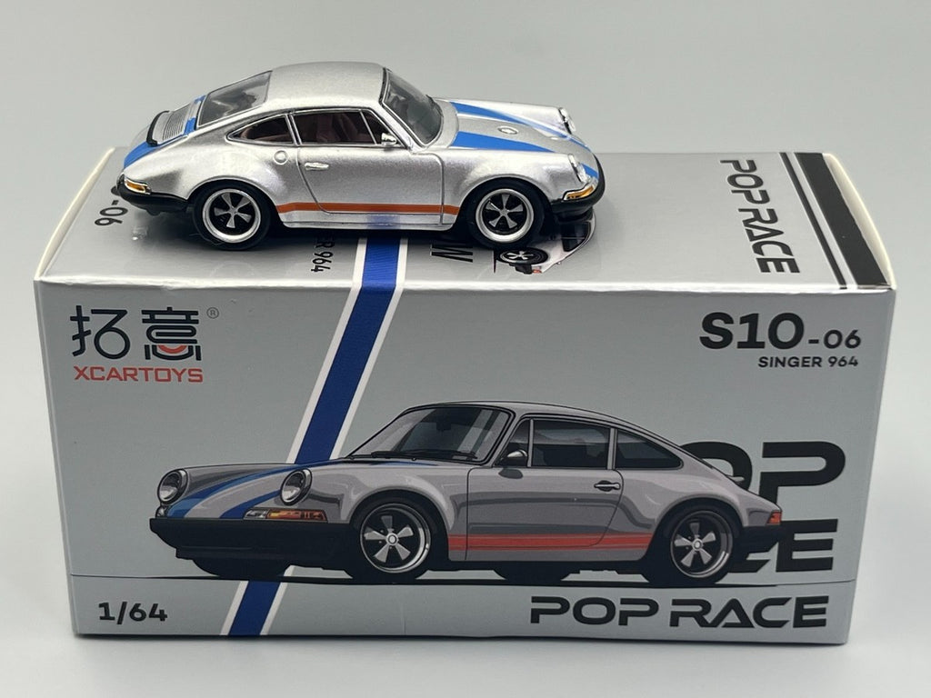 POP RACE x XCARTOYS 1:64 Singer 964 Silver w/ Blue Stripes S10-06