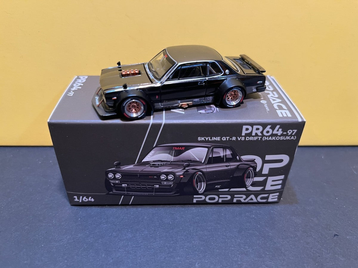POP RACE 1:64 Nissan Skyline GT-R V8 Drift Dark Chrome PR640097 Widebody Diecast Model – Limited Edition