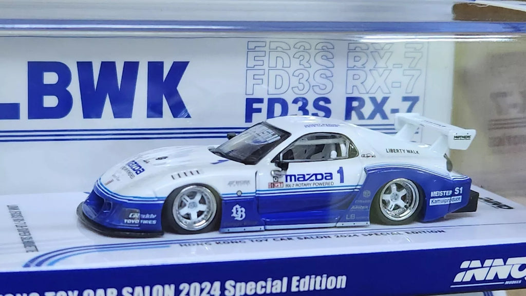 INNO64 LBWK Mazda RX-7 FD3S Liberty Walk White Blue HK Toy Car Salon 2024 Special Edition